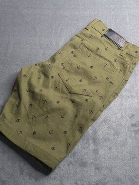 Vertical Sport Mens Anchor Print Shorts 34 Olive Green Cuffed Read